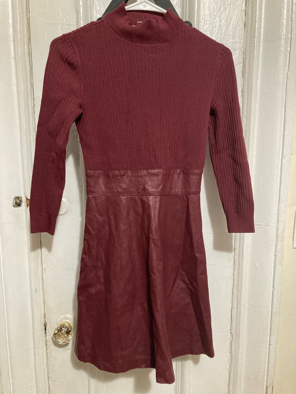 Shoshanna Burgundy Ribbed Knit & Faux Leather Fit-and-Flare Dress